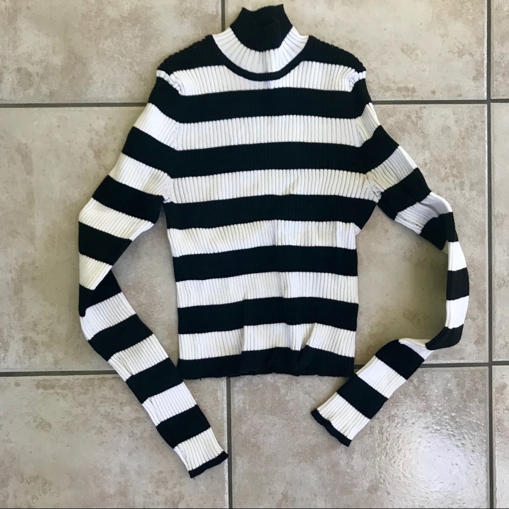 Black & white striped mock neck sweater